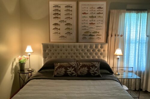 Luxury bedroom with 2 framed fish posters above the bed.