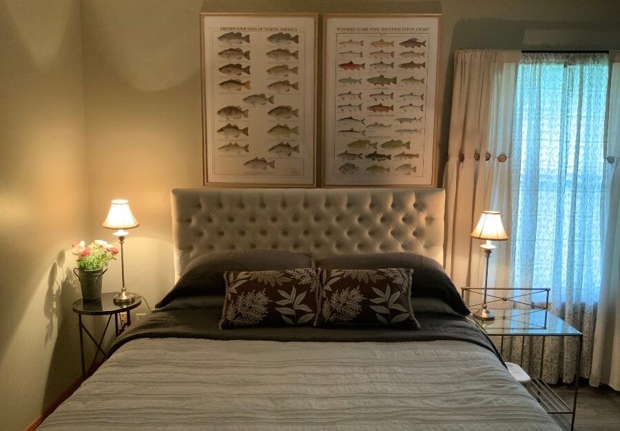 Luxury bedroom with 2 framed fish posters above the bed.